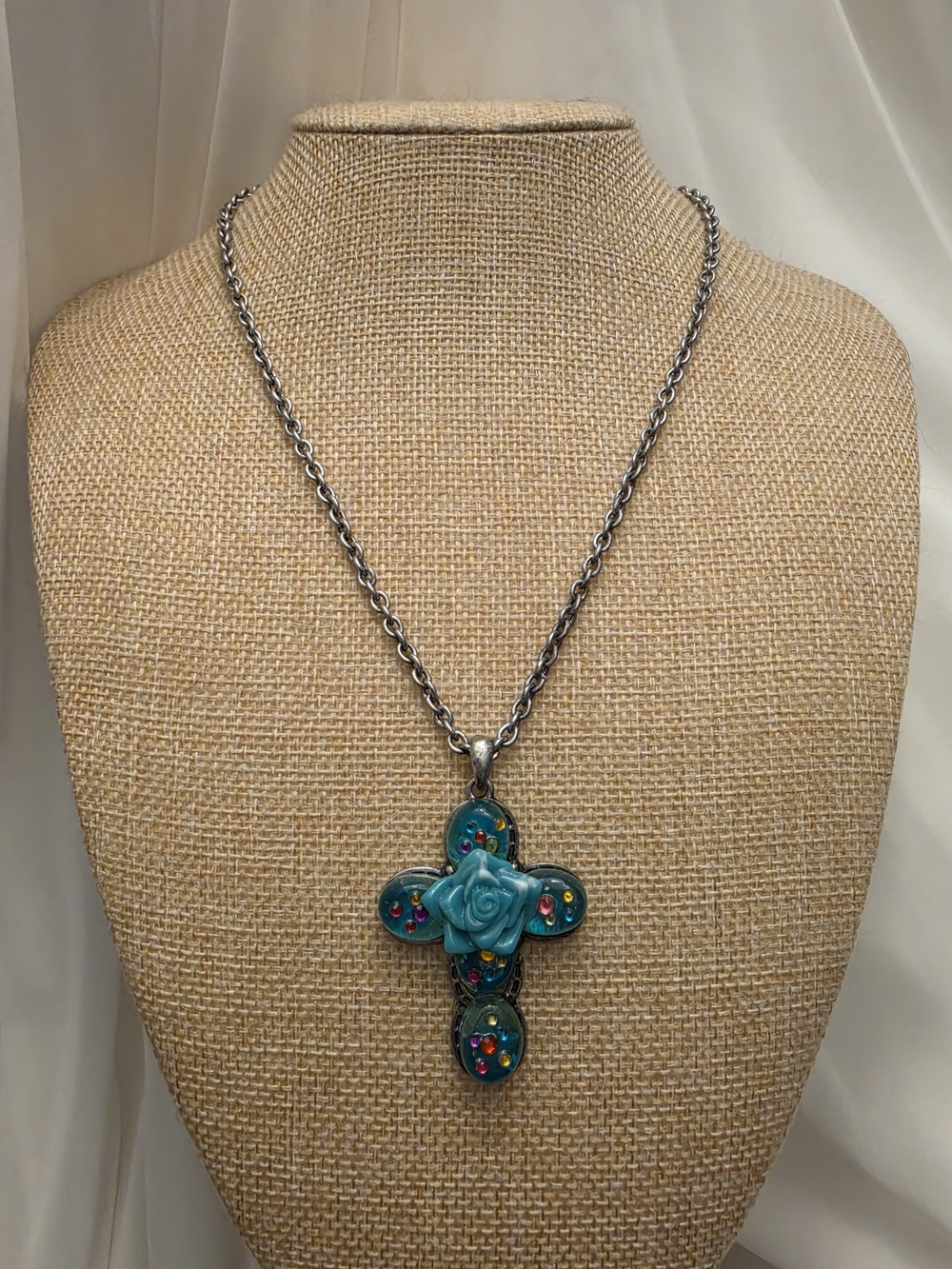 Teal Rose Resin Cross Pendant Necklace Rainbow Rhinestones Floral Boho Gothic